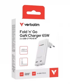 VERBATIM Fold 'n' Go GaN Charger 65W EU 2xUSB-C, White