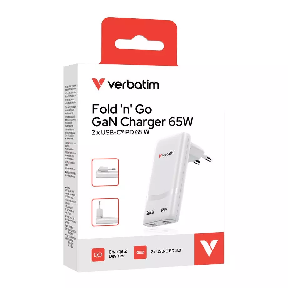 VERBATIM Fold 'n' Go GaN Charger 65W EU 2xUSB-C, White
