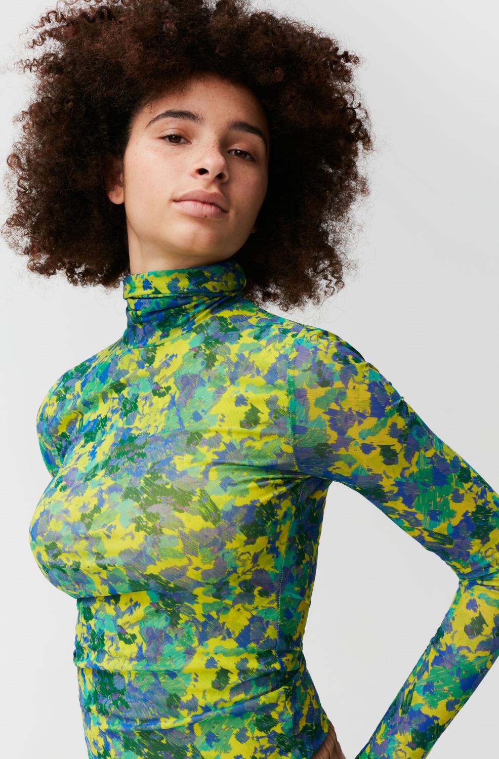 Printed Mesh Long Sleeve Fitted Rollneck - Ganni
