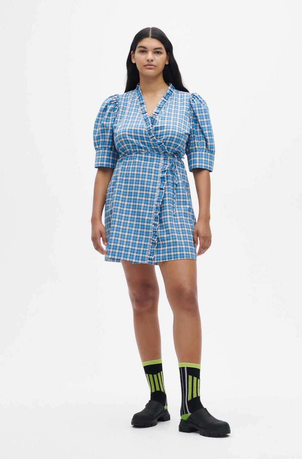 Seersucker Check Wrap Ruffle Mini Dress - Ganni