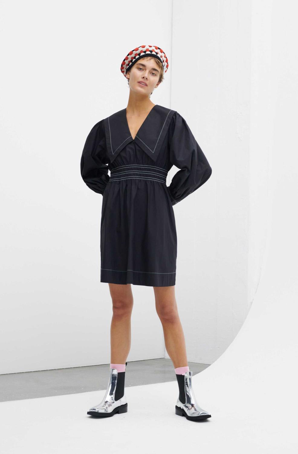 Cotton Poplin V-neck Smock Mini Dress - Ganni