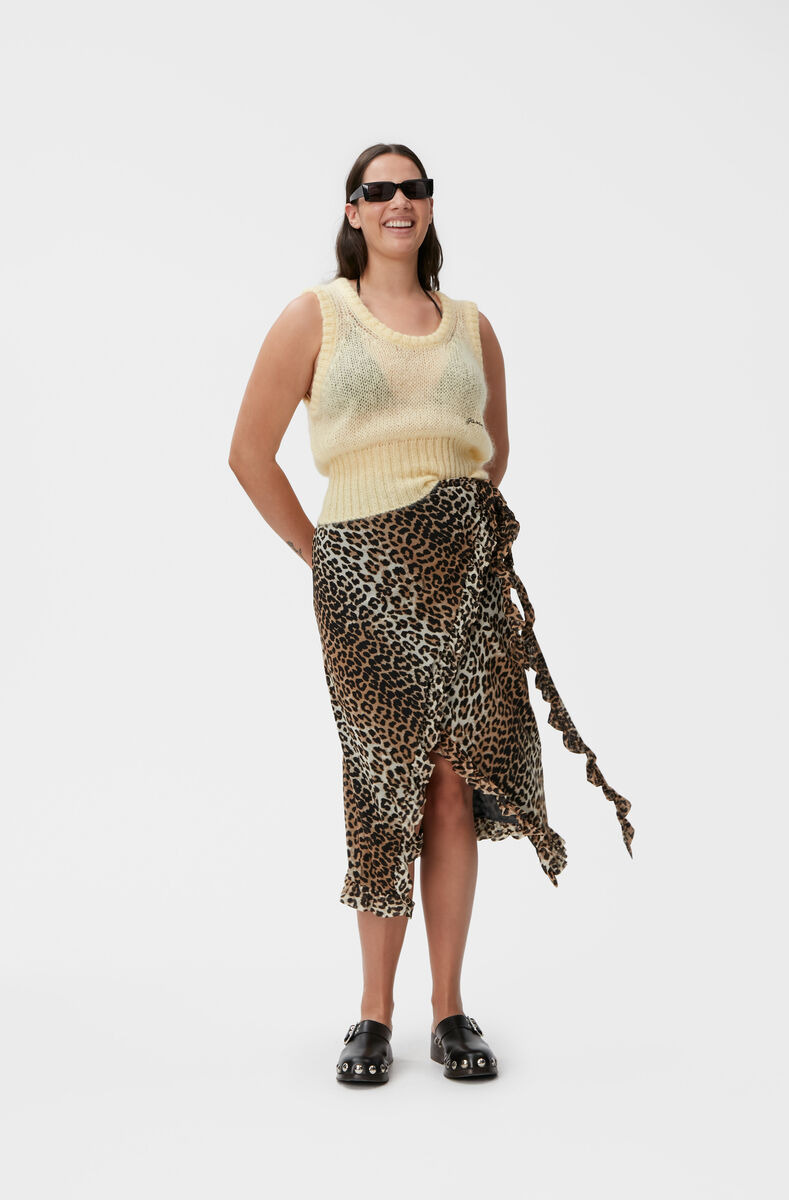 Printed Mesh Ruffle Midi Wrap Skirt - Ganni