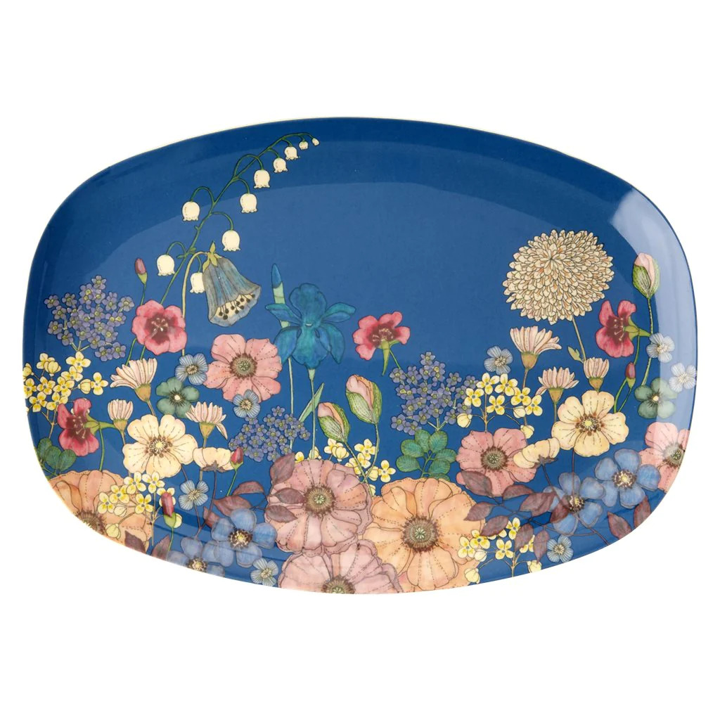 Melanin Stor rektangulær tallerken blå m/Blomster