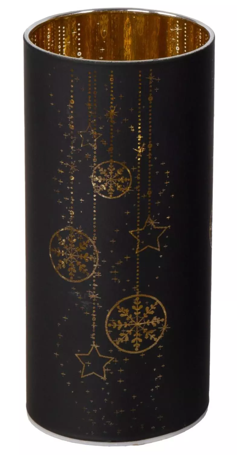 Lyslykt med julekulemotiv gull led 7*15cm