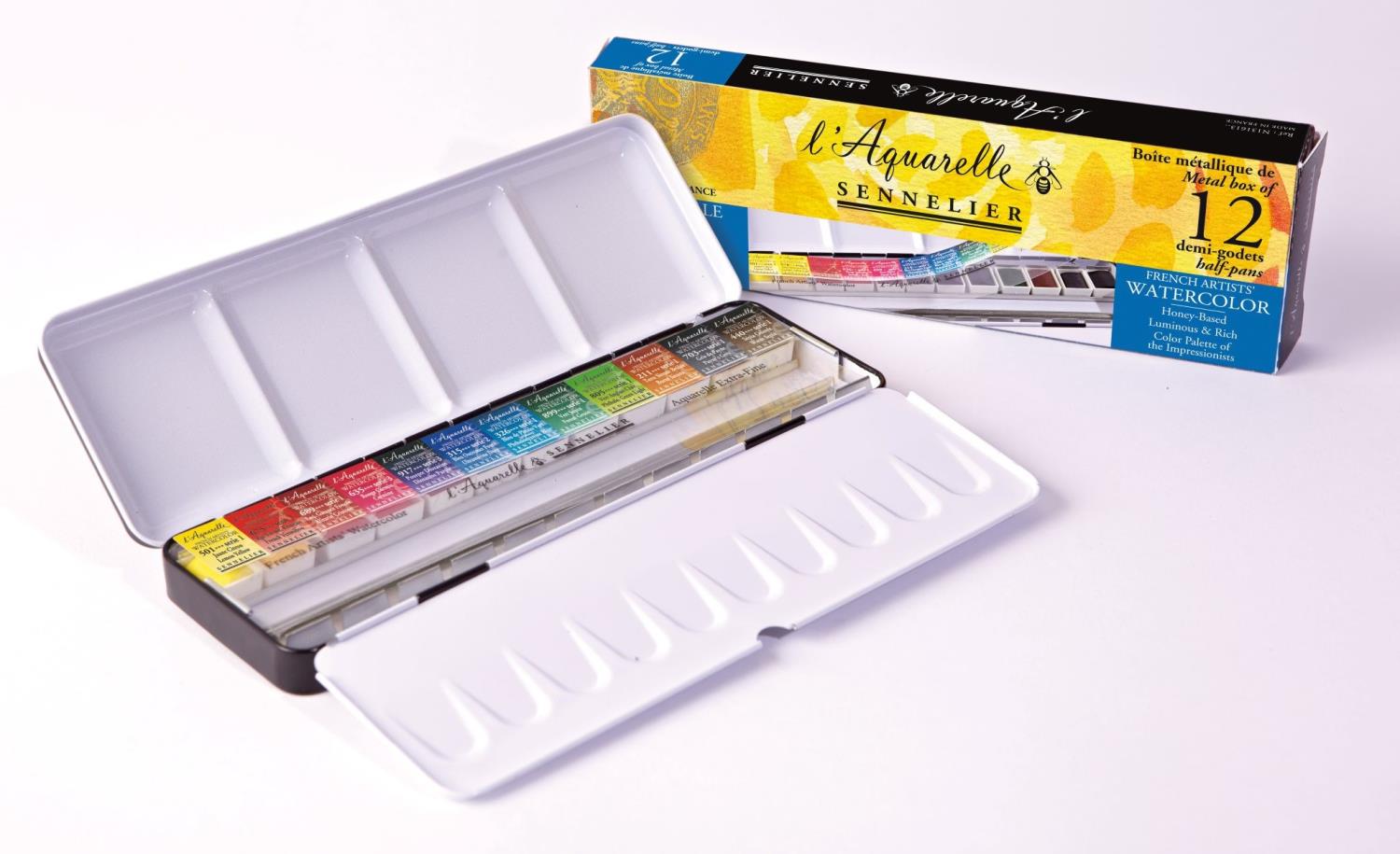 Sennelier l`Aquarelle set 12 half pans + plass til 12 ekstra farger