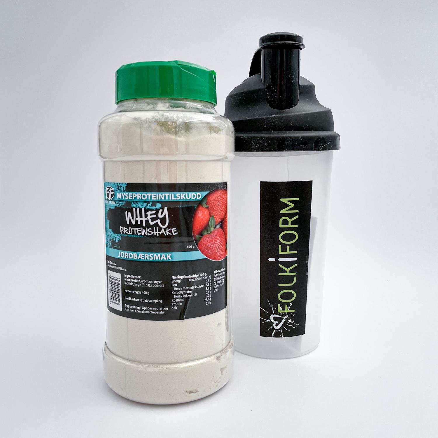 Whey proteinshake jordbær og shaker