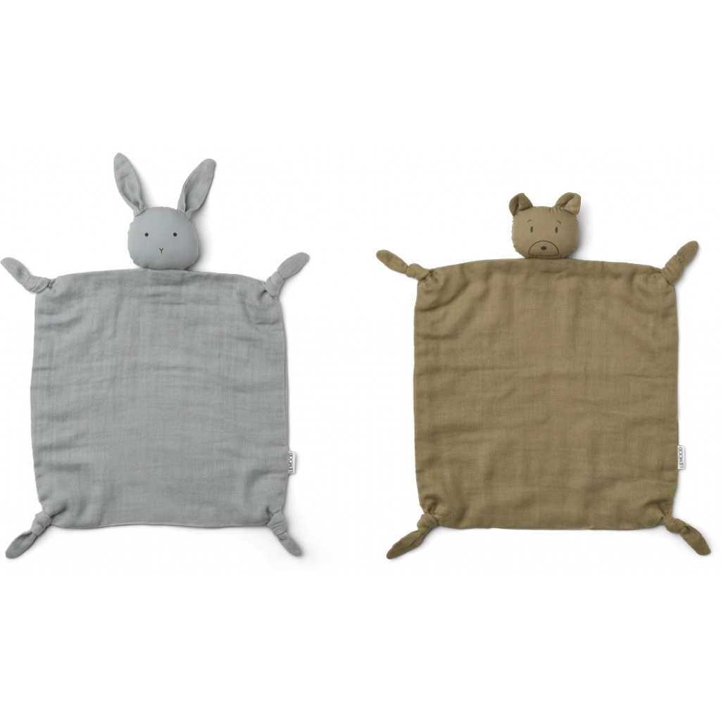 Liewood Agnete cuddle cloth 2-pack, Mr bear khaki/rabbit blue fog