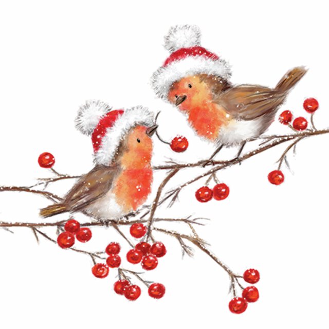 Kaffe servietter Christmas robins White