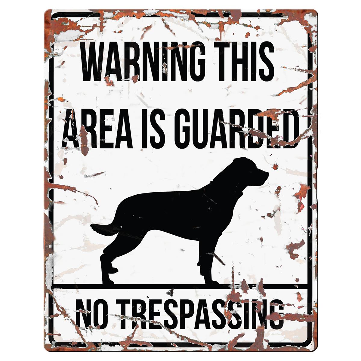 SKILT i metall, Rottweiler, "Warning, this area..." 20x25cm
