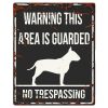 SKILT i metall, Bull Terrier, "Warning, this area.." 20x25cm