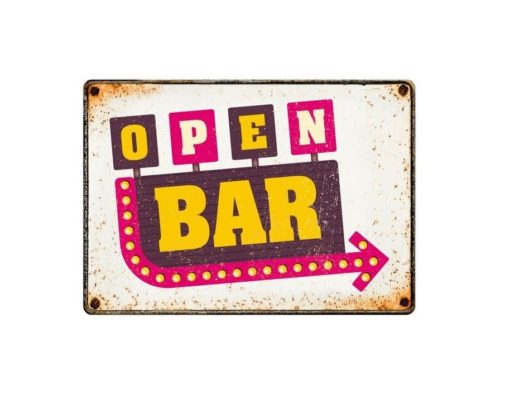 SKILT 'Open Bar', Metall, 21x14,8cm.