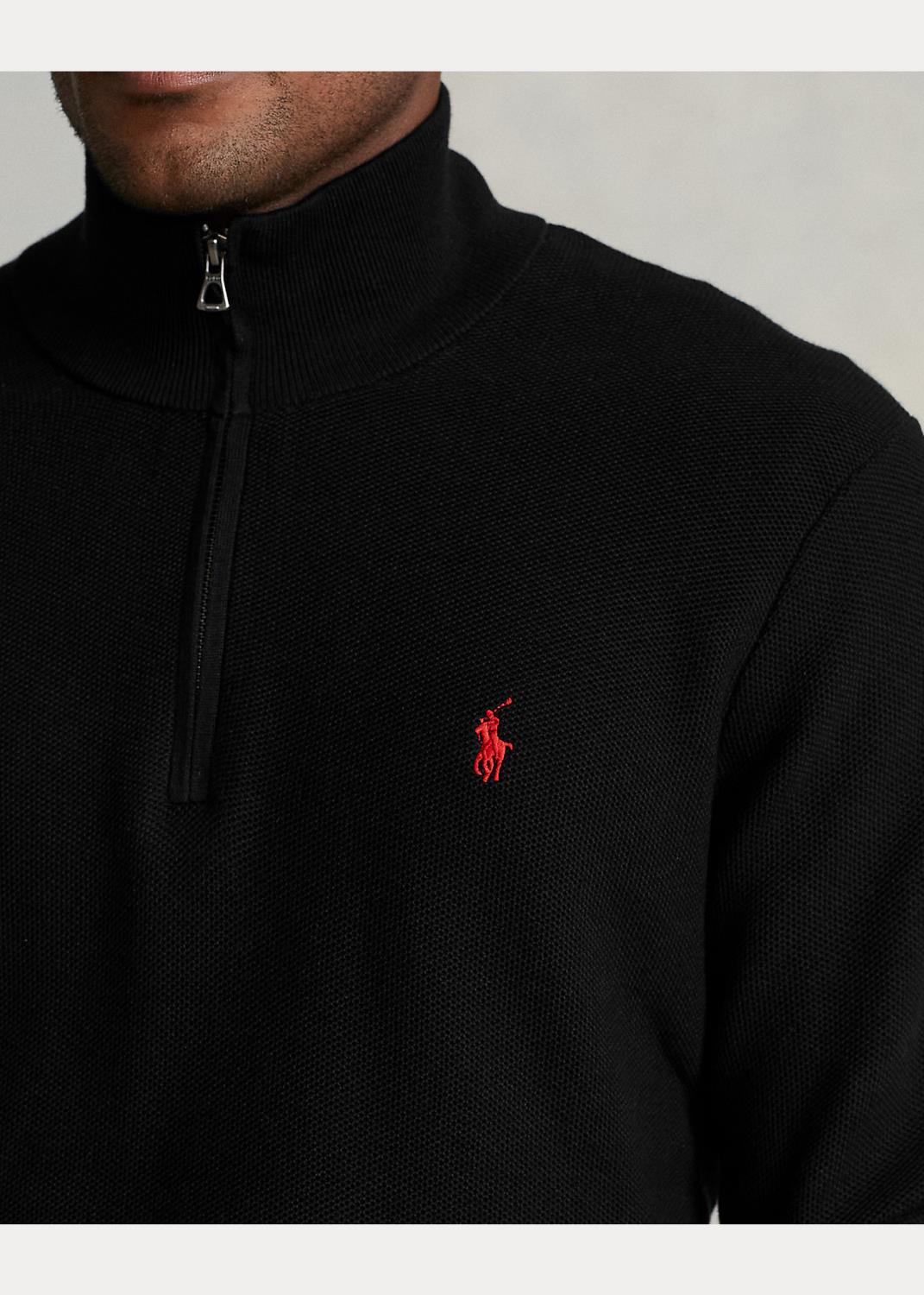Mesh Knit Cotton Zip Jumper Black