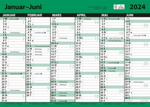 Kalender 2024 7.Sans Kontorkalender enkel A3 m/linjer