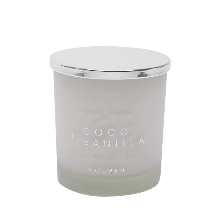 Duftlys Hvit Coconut Vanilla sølvtekst hvit gaveboks m/lokk Ø9 H10 300g