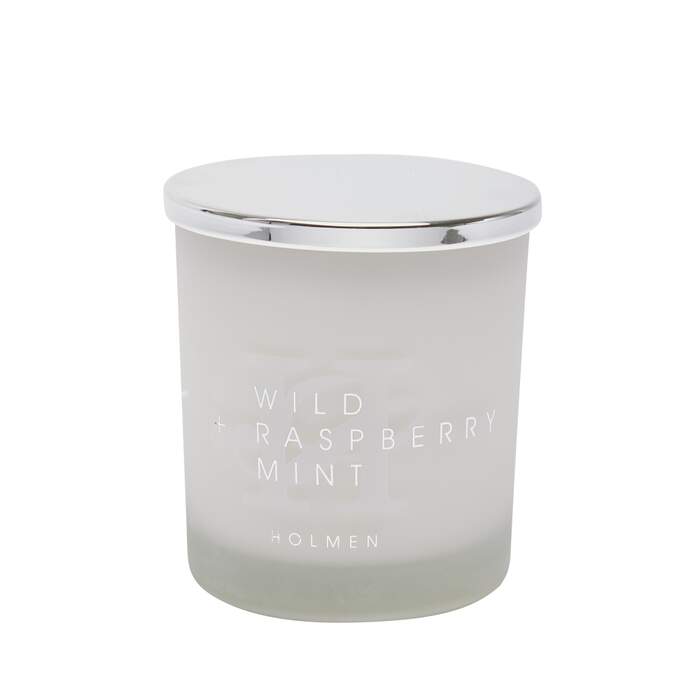 Duftlys Hvit Wild Raspberry Mint sølvtekst hvit gaveboks m/lokk Ø9 H10 300g