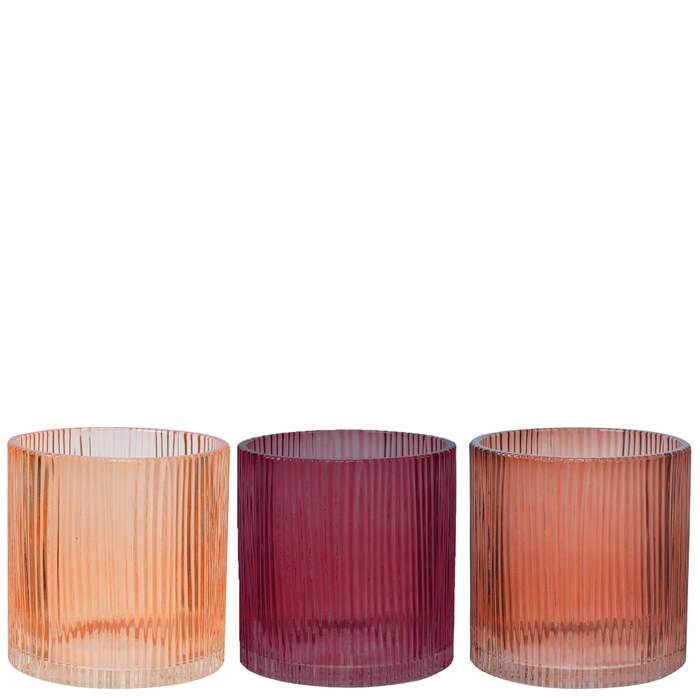 Lysglass lysholder lykt vase glass m/riller 3 ass D5 H7cm Golden / Plum / Blush pink Pris Pr.Stk
