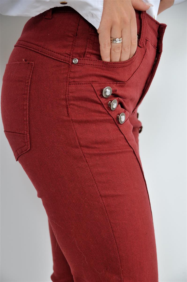 Bukse Dark Red Burgunder Olabukser med detal lommer og bling knapper Stretch Viscose