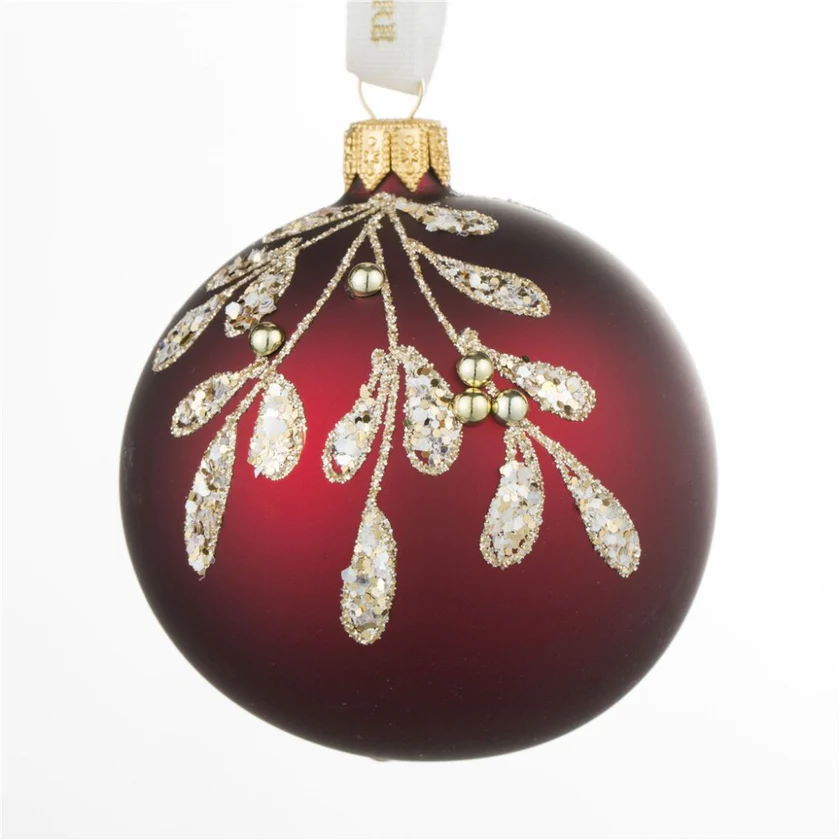 Julekule heng Jul Dekor Lene Bjerre Glass Antikk rød glitter gull mønster Cadelia bauble Ø8cm
