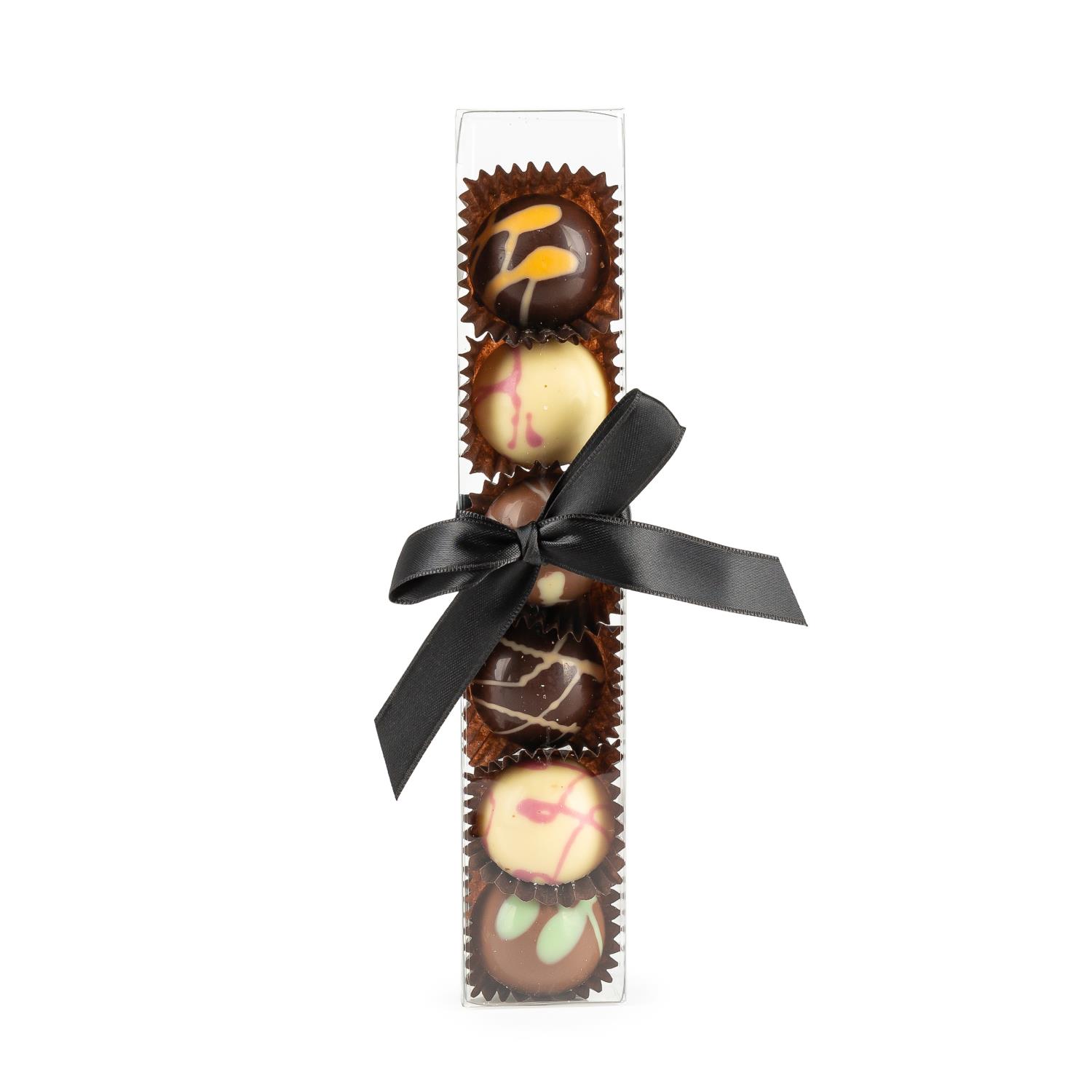 Amundsen Spesial Dekorert fylt sjokolade - fargede perler konfekt 6 kuler i gaveeske med sløyfe