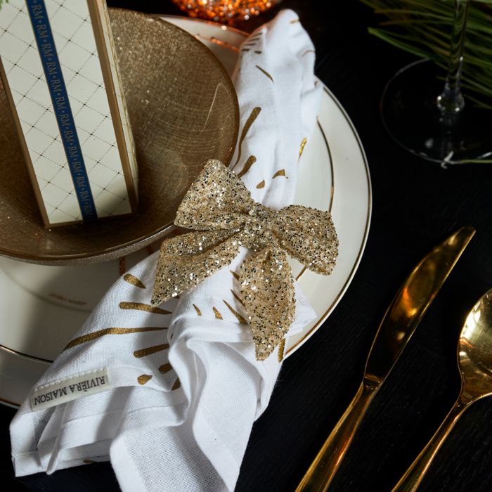 Riviera Maison Serviettring 2 sløyfe gull glitter sort strikk RM Christmas Bow Napkin Ring 2 pieces