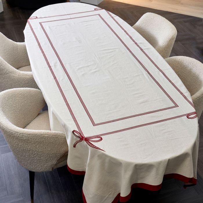 Riviera Maison Duk juleduk hvit m/rød sløyfe dekor gull RM Christmas Ribbon Table Cloth 150x270cm