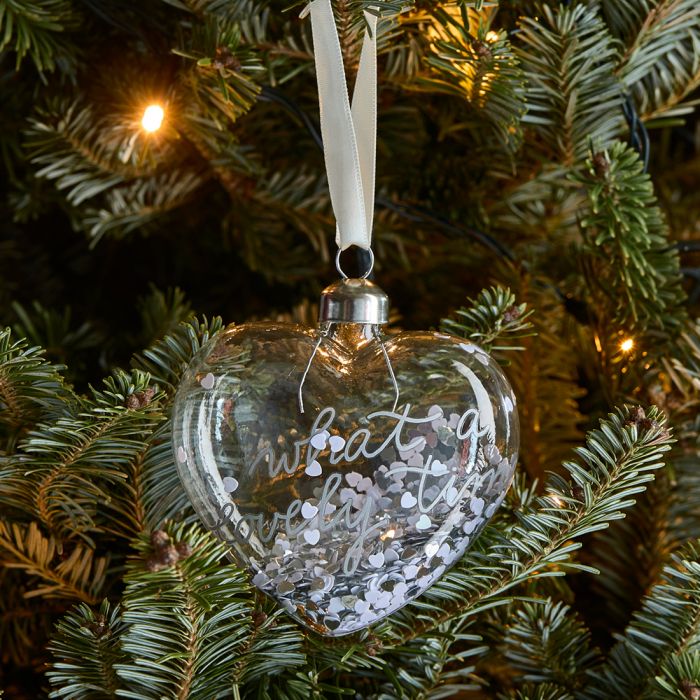 Riviera Maison Julekule dekor heng hjerte glass med paljetter RM Lovely Time Heart Ornament silver S