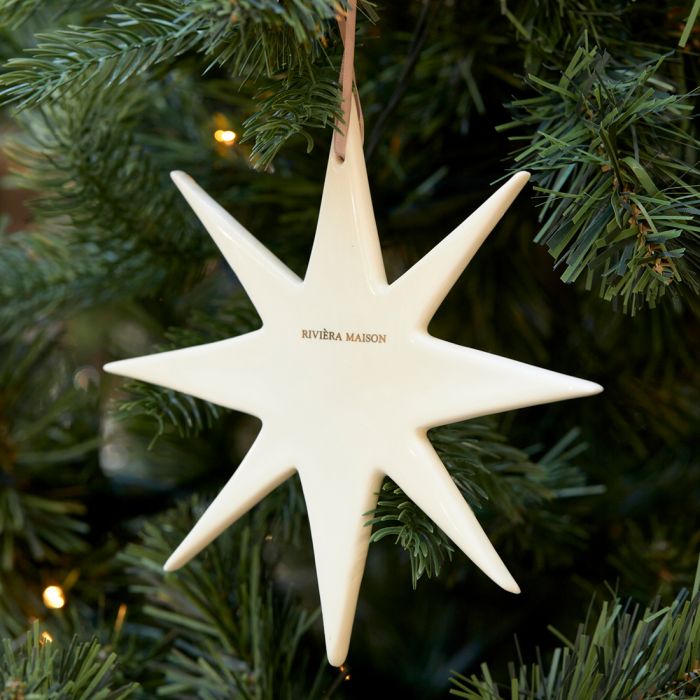 Riviera Maison Julekule dekor heng stjerne hvit porselen gullskrift RM North Pole Star Ornament