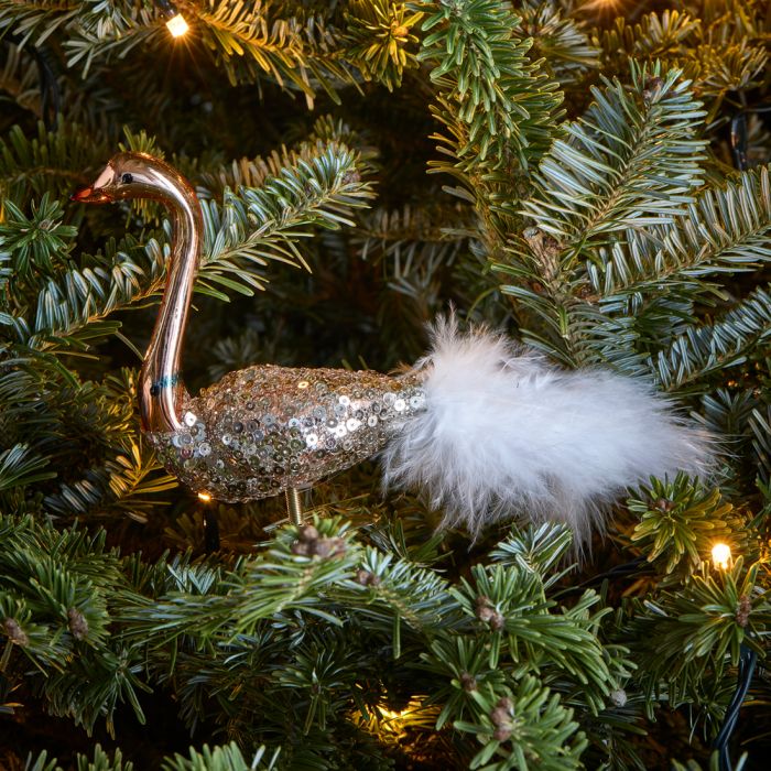 Riviera Maison Julekule dekor heng svane champ rosa glitter palj fjær RM Christmas Swan Ornament