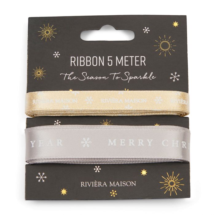 Riviera Maison Bånd dekorbånd 2 pk 5m sølvgrå, gull hvit tekst stjerner RM Merry Christmas Ribbon 5M