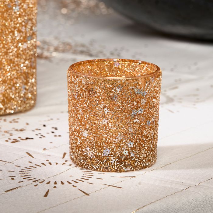 Riviera Maison Telysholder glass glitter paljetter perler stjerner H 8cm RM Winter Glam Votive S