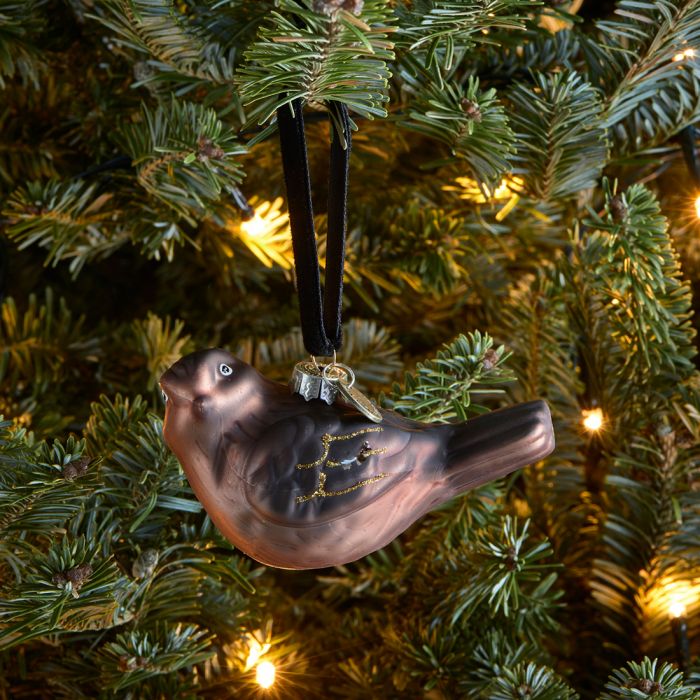 Riviera Maison Julekule dekor heng pynt fugl brun burg glass glitter RM Merry Birdy Ornament