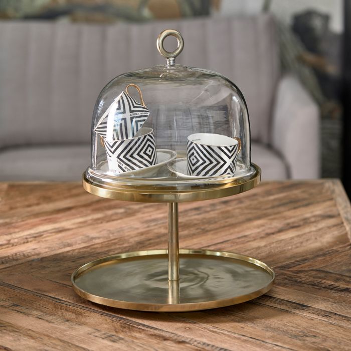Riviera Maison Fat Osteklokke glass dome Håndblåst glass gull metall RM Tiered Serving Stand H46