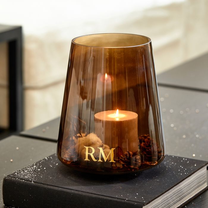 Riviera Maison Lysglass Vase sotet ravfarget cognac med gyllen dekor RM Châteauroux Hurricane