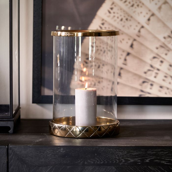 Riviera Maison Lysglass lysholder telys gull metall håndblåst glass RM Augusta Hurricane