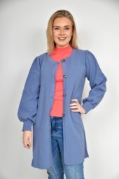 Jakke Strikket lang Blålilla blue Long knitted outdoor jacket mønstret strikk med lommer og knapper
