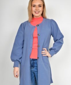 Jakke Strikket lang Blålilla blue Long knitted outdoor jacket mønstret strikk med lommer og knapper