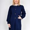 Jakke Strikket lang Mørk blå Navy Long knitted outdoor jacket mønstret strikk med lommer og knapper