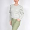 Genser Bluse topp Knitted w/puffy shoulder sweather strikket krepp lys grønn 95%Viscose, 5%Elastane