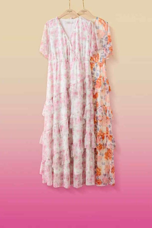Kjole Dus rosa grønn blomster print CRFlora Dress - Zally Fit Prink Rose Garde 100% Polyester