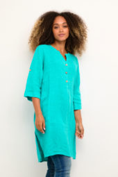 Kjole CRBellis Caftan Short Dress -Mollie Fit kort lin kjole med lommer River Blue Turkis 100% Linen