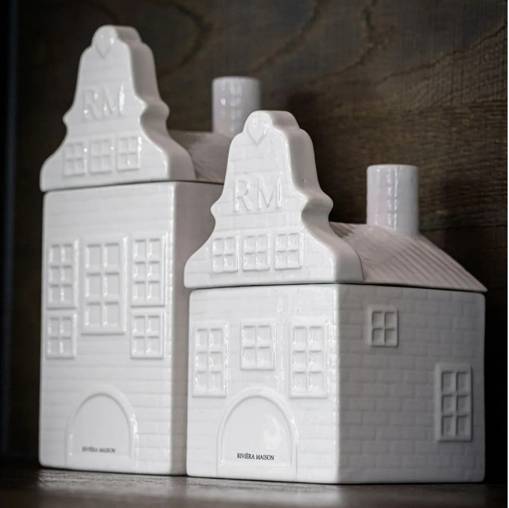 Riviera Maison Krukke oppbevaring Hus hvit porselen med lokk RM Canal House Storage Jar L
