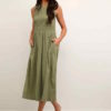 Kjole CRLula Jersey Dress Oil Green, Grønn m/ lommer A-Formet m brede stropper 100% Cotton