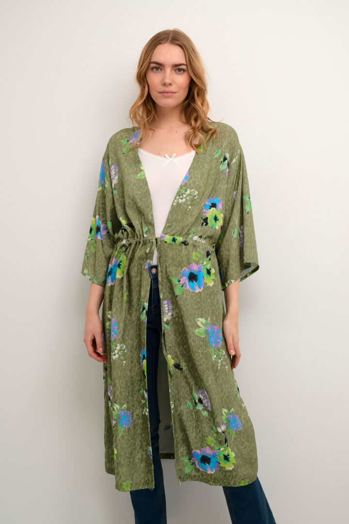 Kimono CRBahia Vintage Oil Green m bred arm, blomster mønster, snøring liv 100% Viscose