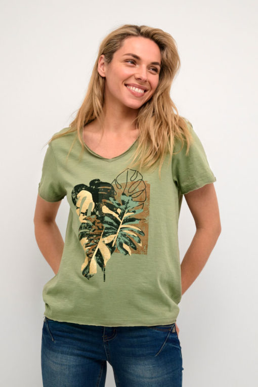 T-Skjorte topp Grønn CRSeria T-Shirt Oil Green trykk m/grønne/gull blader 100% Cotton