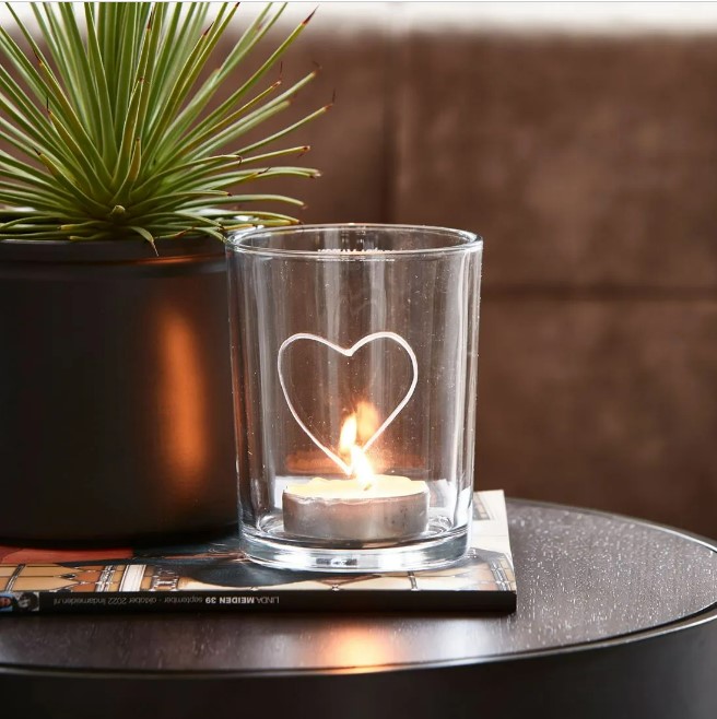 Riviera Maison Telysholder lysglass blank glass med uthevet hjerte RM Wire Heart Votive clear