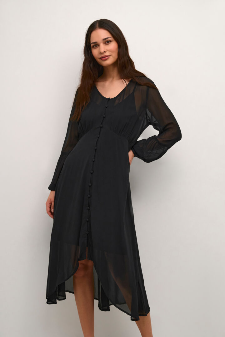 Kjole CRTChery Dress-Zally fit Pitch Black Sort med underkole og knappestolpe 100% Viscose