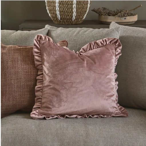 Riviera Maison Putetrekk Velur pudder rosa med rysjer RM Velvet Romance Pillow Cover 50x50