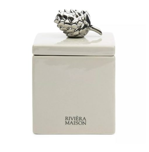 Riviera Maison Oppbevaring boks lokk hvit porselen sølv kongle RM Claudine Pine Cone Decoration Box