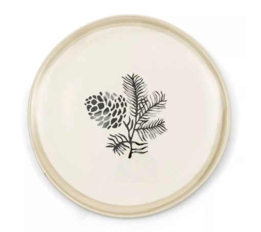 Riviera Maison Tallerken håndlaget hvit Porselen m sort kongle trykk RM Dusty Pine Cone Dinner Plate