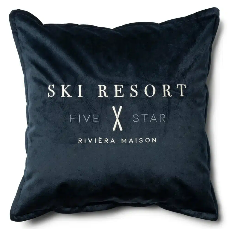 Riviera Maison Putetrekk velur mørk blå med lys tekst monogram RM Ski Resort Pillow Cover 50x50